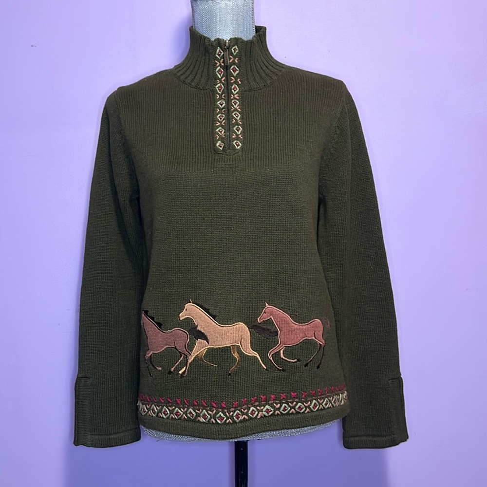 Olive Green Horse Motif Half-Zip Sweater - Women
